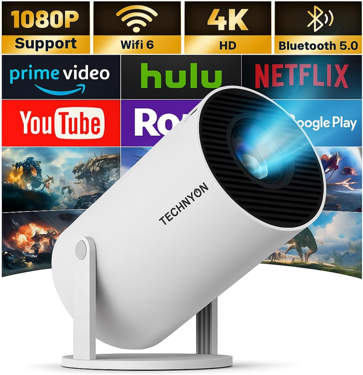 Technyon HY300 PRO+ 2026 1080P Full HD WiFi Projector with Android 11.0, 12000 Lumens Portable Home Theater & Outdoor Movie Projector — image 7