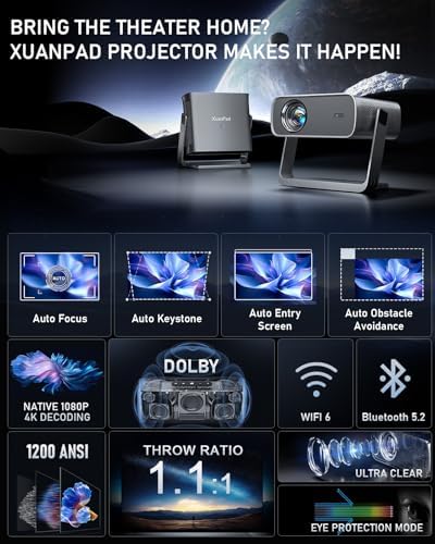 XuanPad Grey Smart Projector 4K, Compatible with Netflix & Dolby Audio, WiFi 6 Bluetooth 5.2, 280° Rotatable Stand, Auto Focus & Auto Keystone, 1.1 Short Throw — image 2